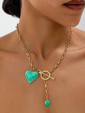Turquoise Heart Necklace Gold Toggle Chain Boho Statement
